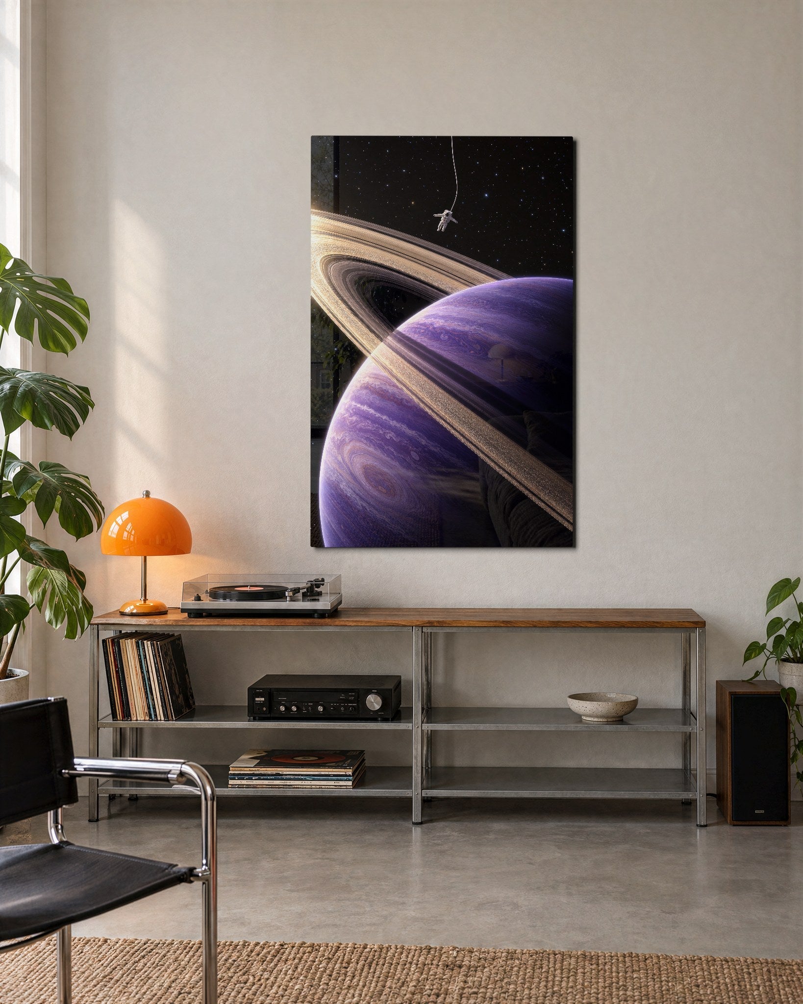 Small astronaut glass wall art with large rings by Artdesigna, displayed on a modern wall with a creative, space-inspired design.
