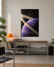 Small astronaut glass wall art with large rings by Artdesigna, displayed on a modern wall with a creative, space-inspired design.