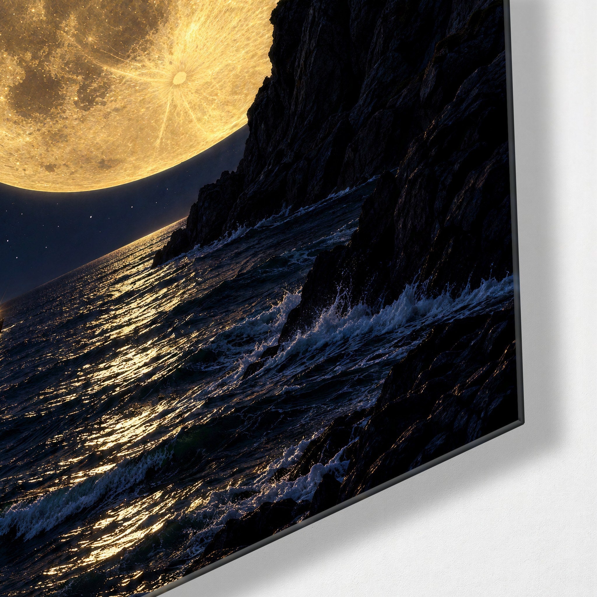 Glass wall art titled "Beam Toward a Yellow Giant" by Artdesigna, featuring vibrant yellow and abstract glass design with a corner view.
