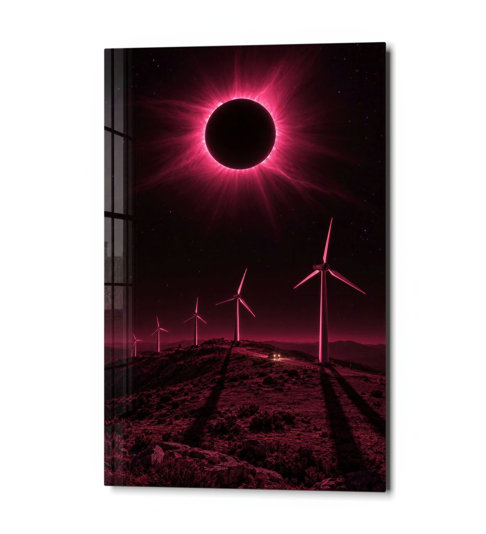 Pink Sky glass wall art by Artdesigna featuring slow-blade design with vibrant pink hues and abstract glass artwork.