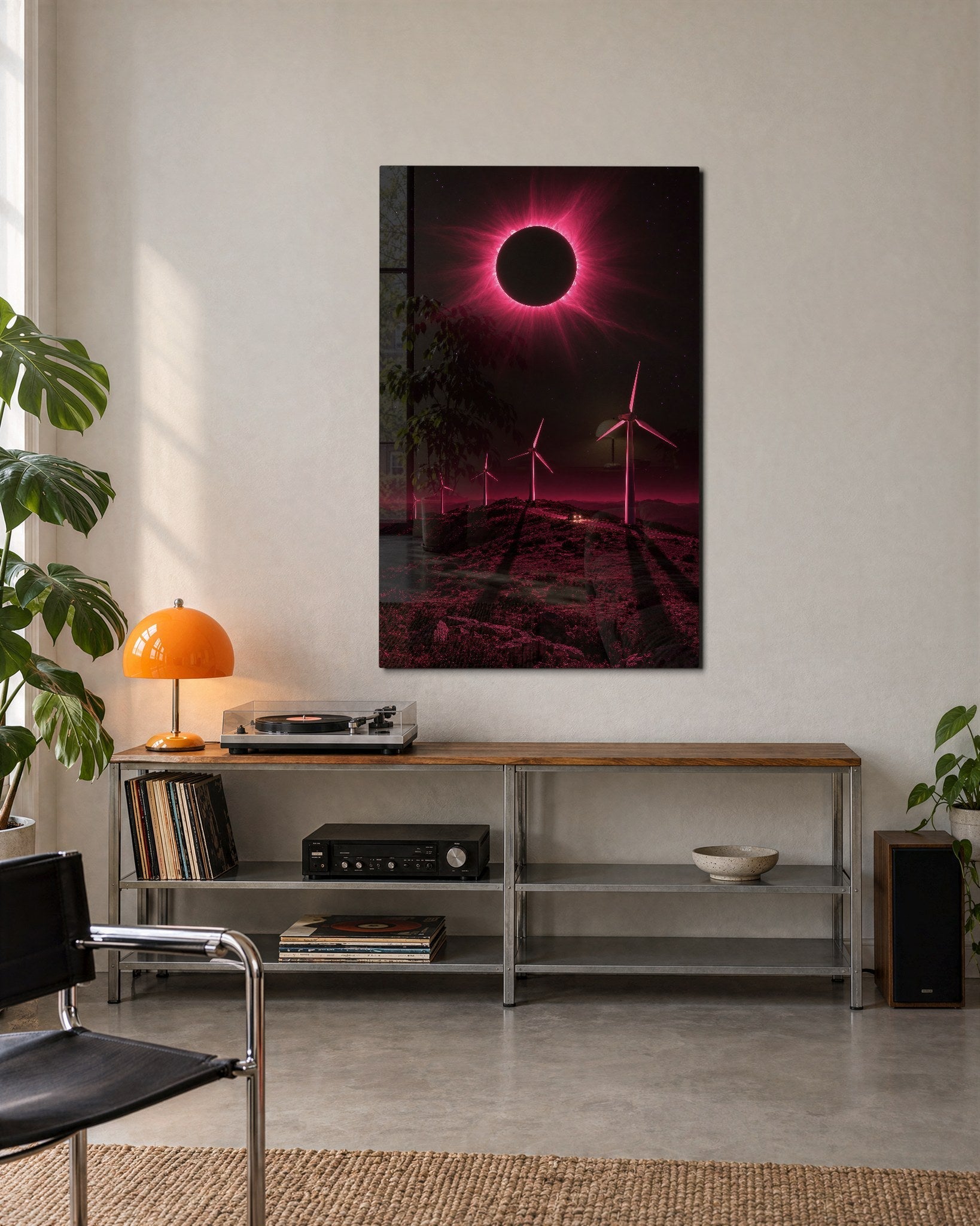 Pink Sky glass wall art by Artdesigna featuring slow blades design displayed on a modern wall in a stylish living space.
