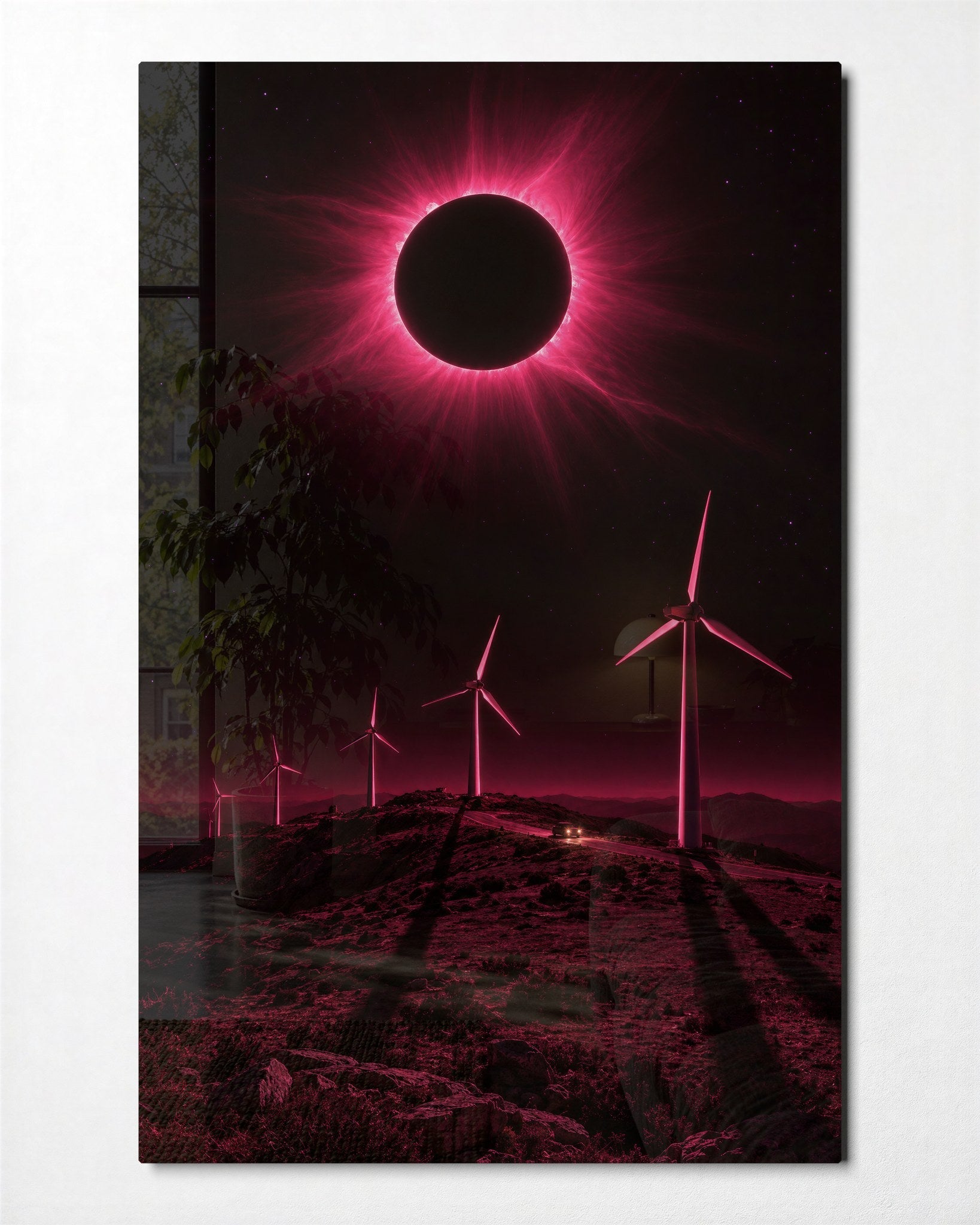 Pink Sky glass wall art by Artdesigna featuring slow-blade design, showcasing vibrant pink hues and abstract glass artwork.