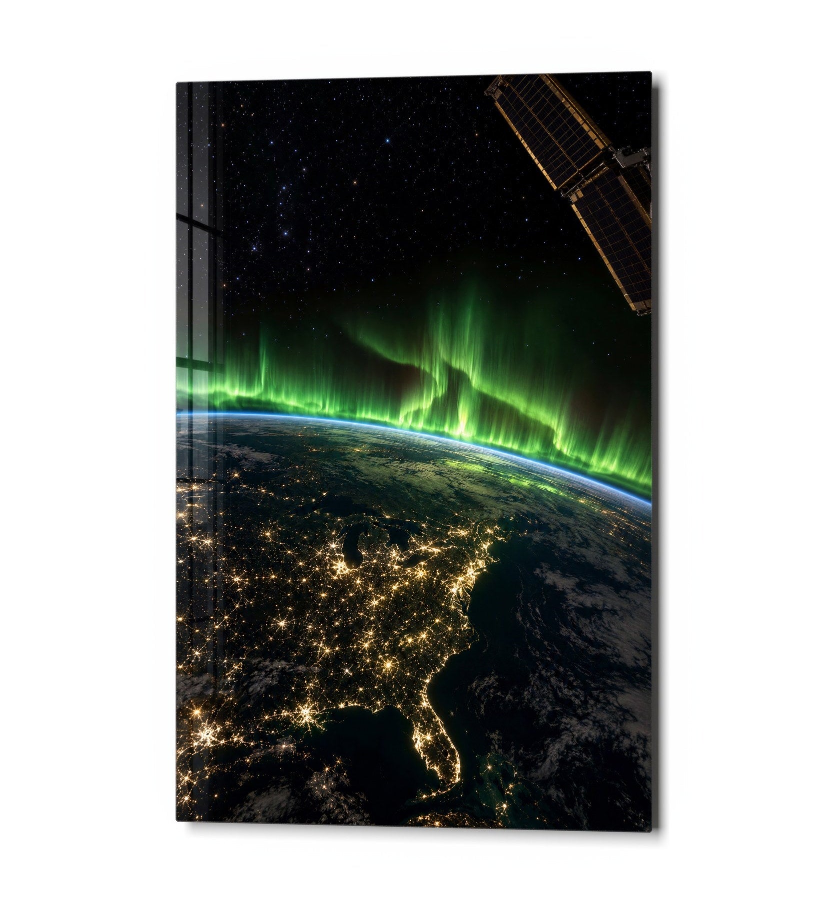 Glass wall art titled Light Along the Curve by Artdesigna, featuring flowing glass design with vibrant colors on a neutral background.