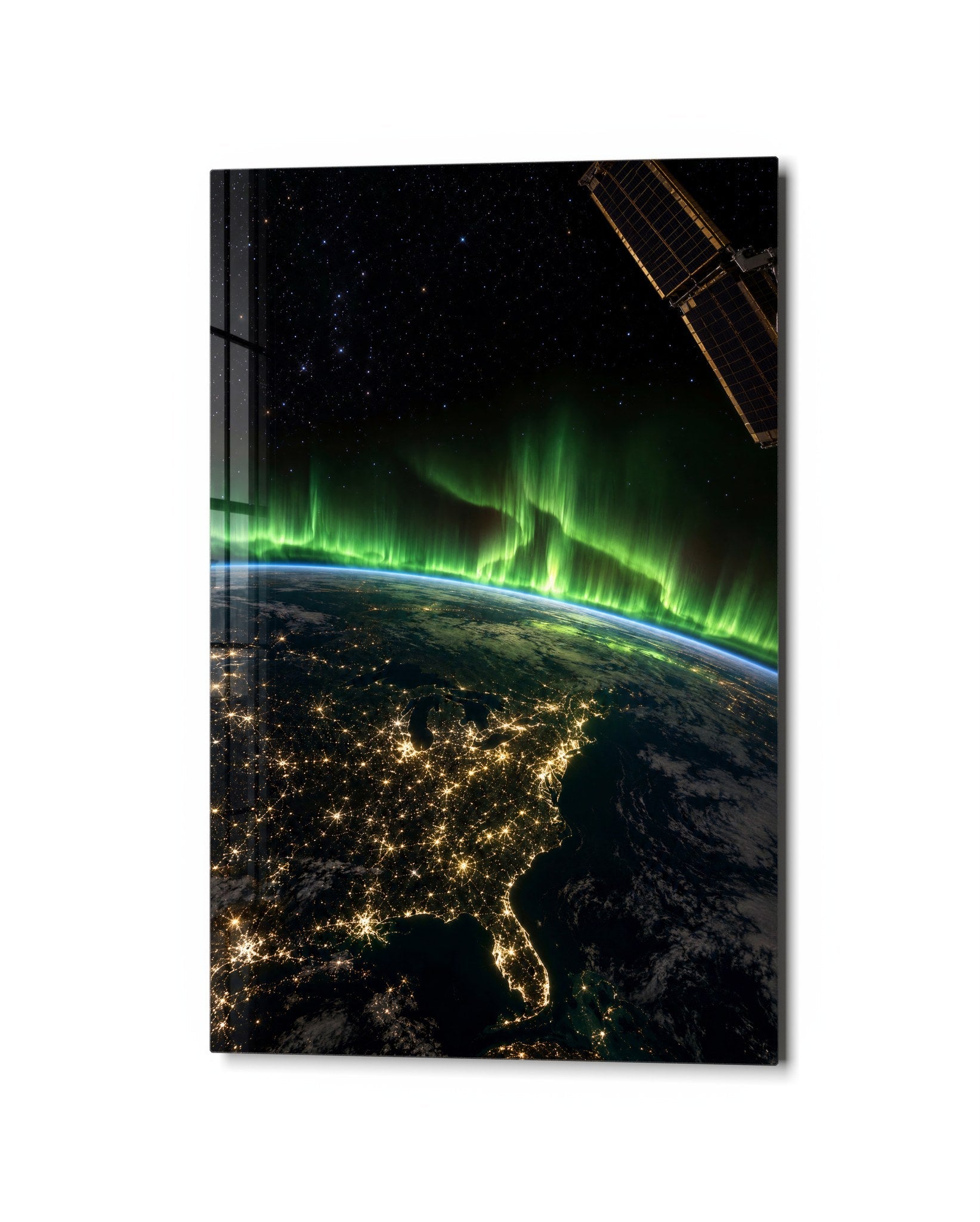Glass wall art titled Light Along the Curve by Artdesigna, featuring flowing glass design with vibrant colors on a neutral background.