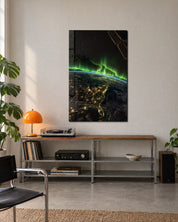 Glass wall art titled Light Along the Curve by Artdesigna, showcasing elegant glass design with flowing curves in a modern interior.