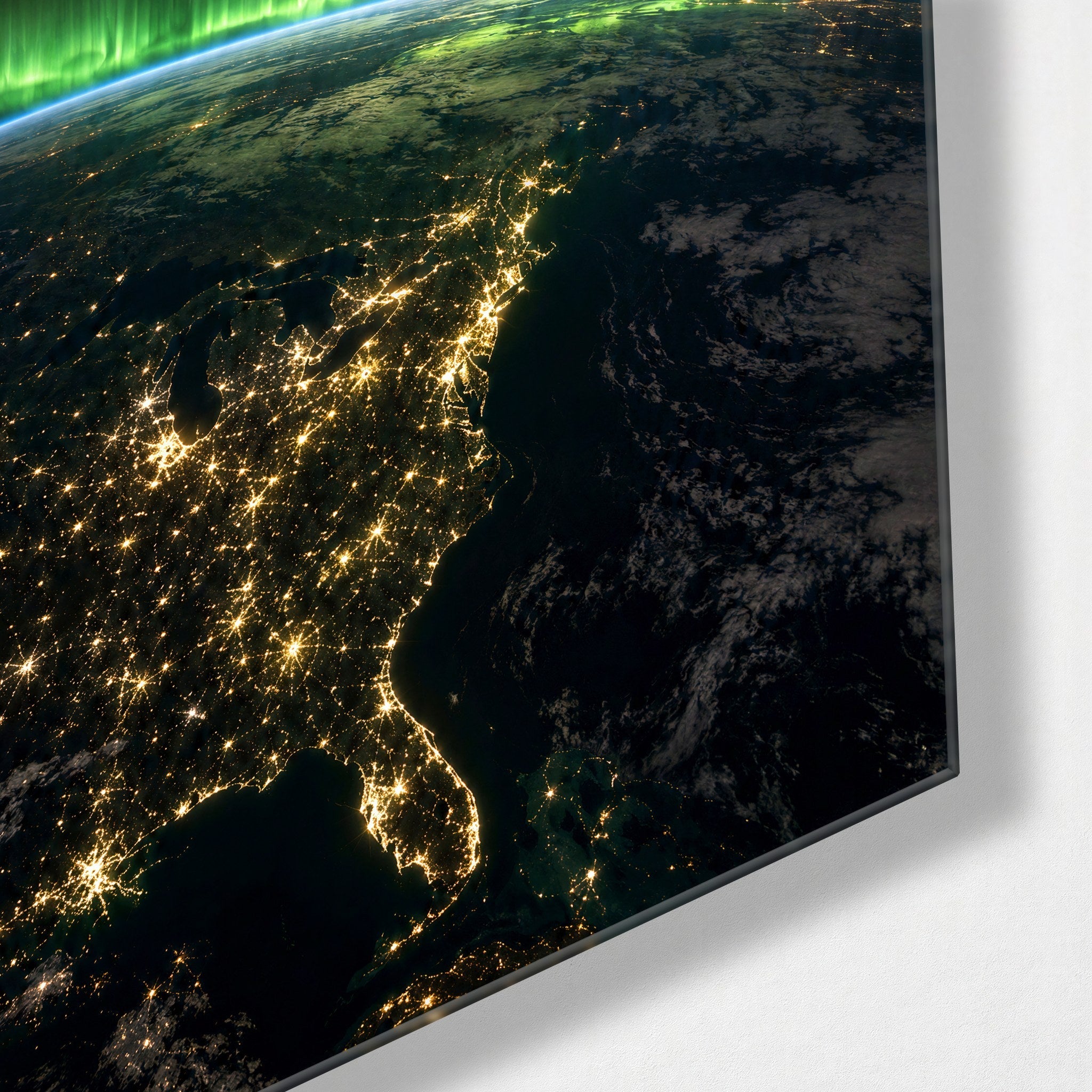 Glass wall art piece titled Light Along the Curve by Artdesigna, featuring colorful, flowing glass design with curved edges.