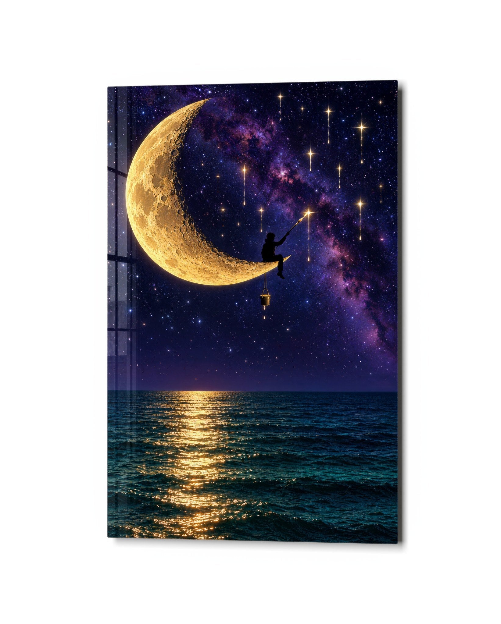 Glass wall art titled "Casting for a Star" by Artdesigna featuring a clear glass star-shaped design on a white background.