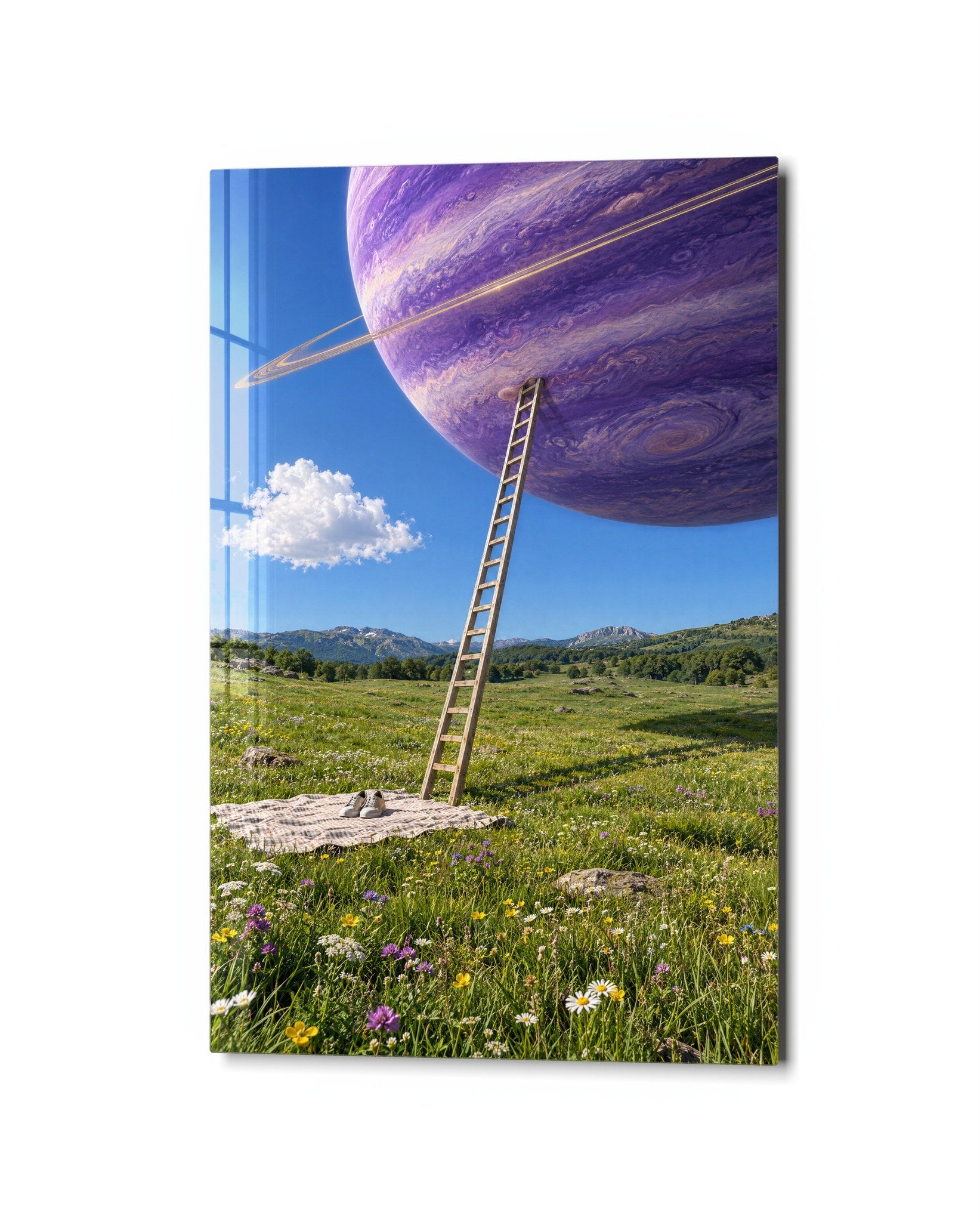 Climb Toward a Purple World glass wall art by Artdesigna, studio view