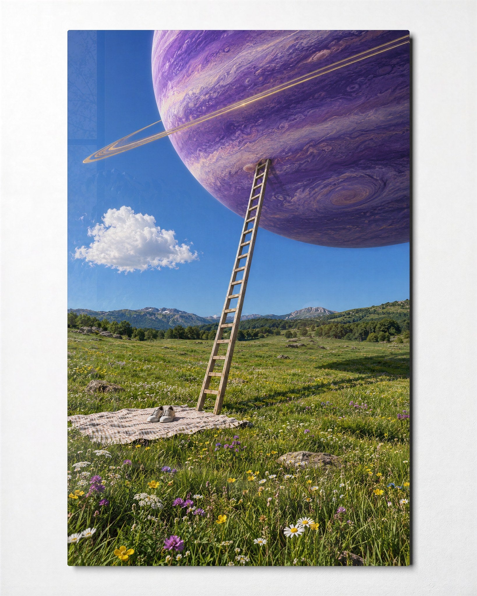 Climb Toward a Purple World glass wall art by Artdesigna, front view