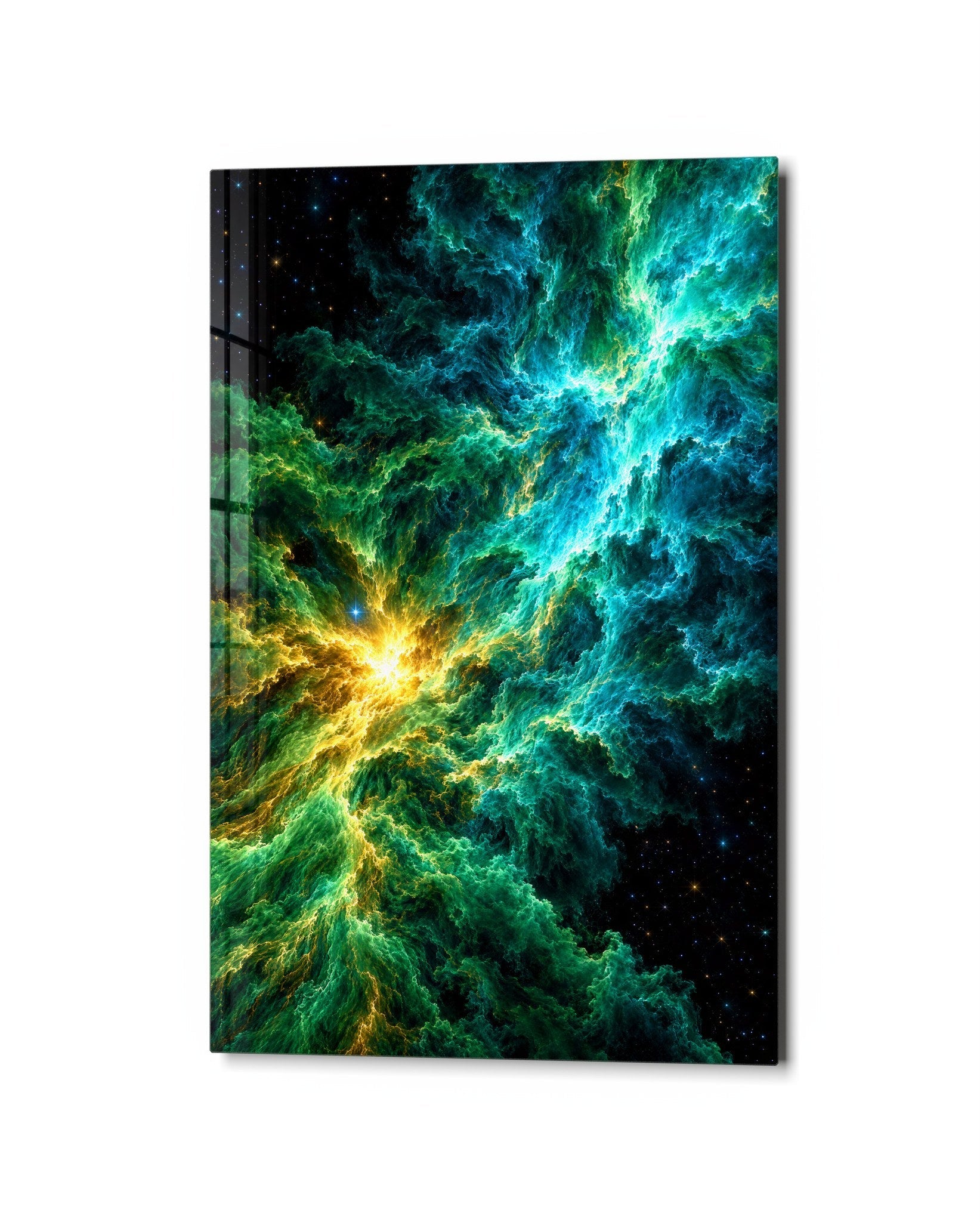 Gas Clouds, Golden Heart glass wall art by Artdesigna, studio view