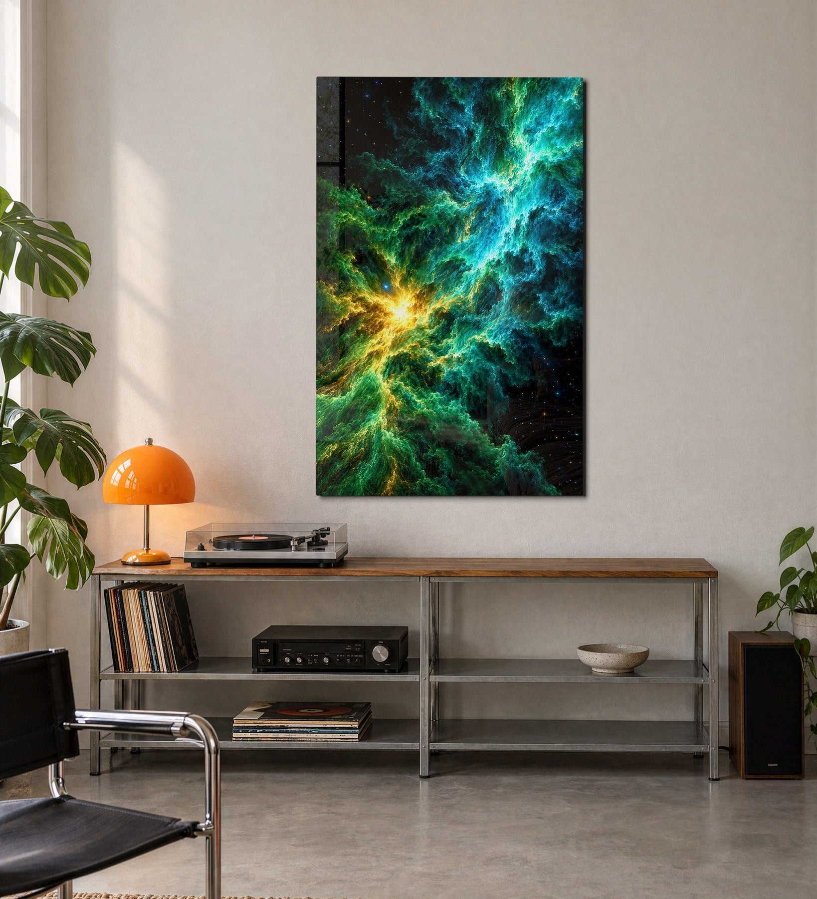 Golden Heart glass wall art featuring gas cloud design by Artdesigna, mounted on a wall with vibrant, abstract glass artwork.