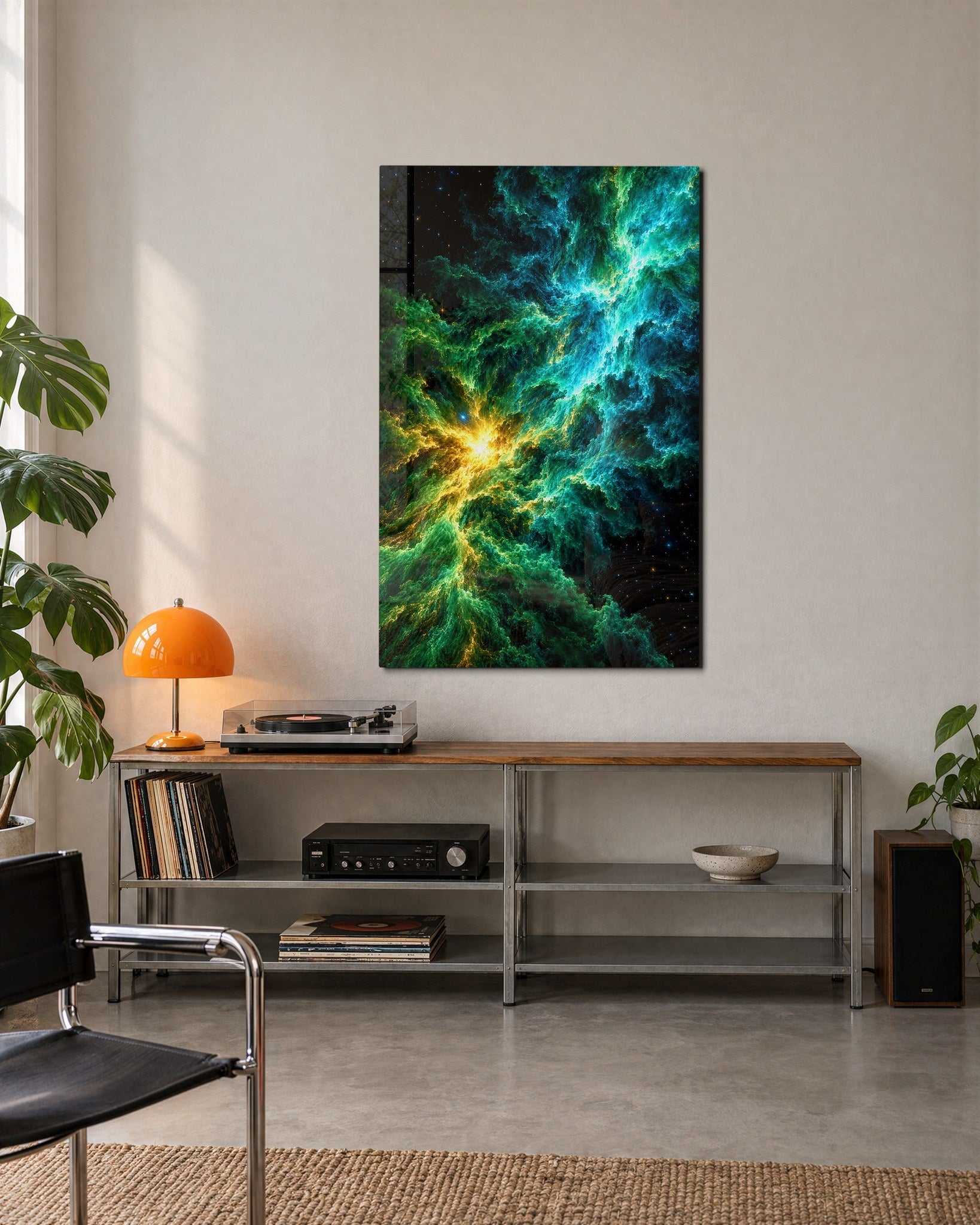 Gas Clouds, Golden Heart glass wall art by Artdesigna, lifestyle view