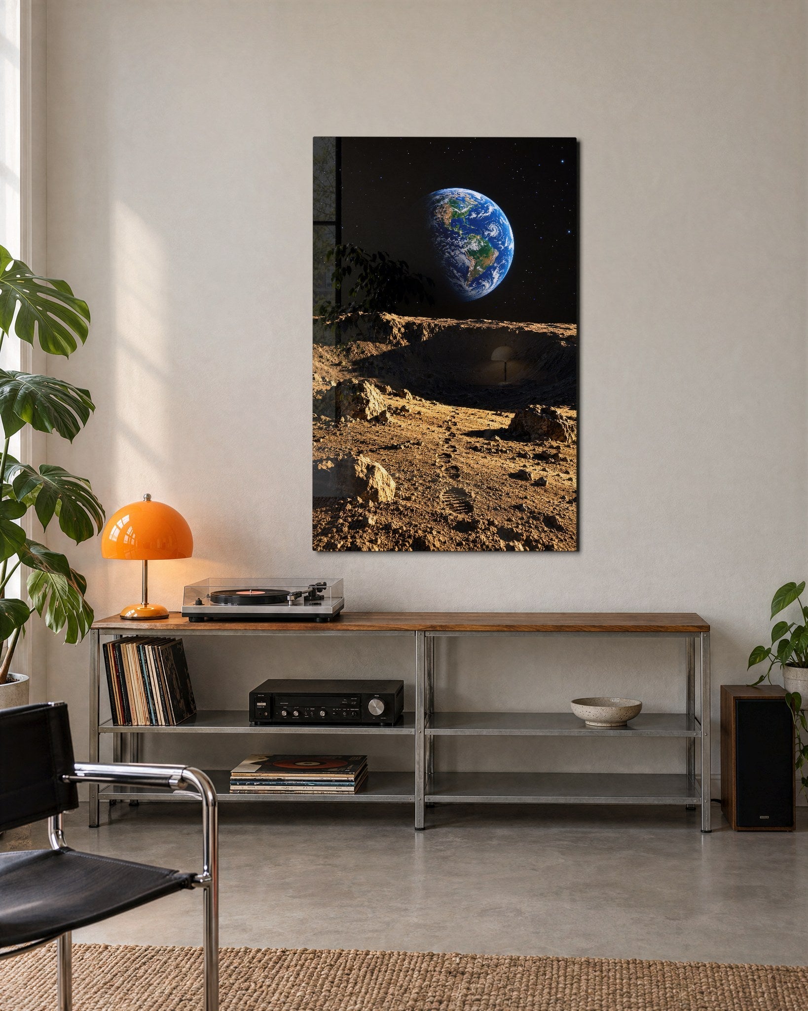 Glass wall art featuring moon dust footprints by Artdesigna, showcasing a luminous, abstract design on a clear glass panel.