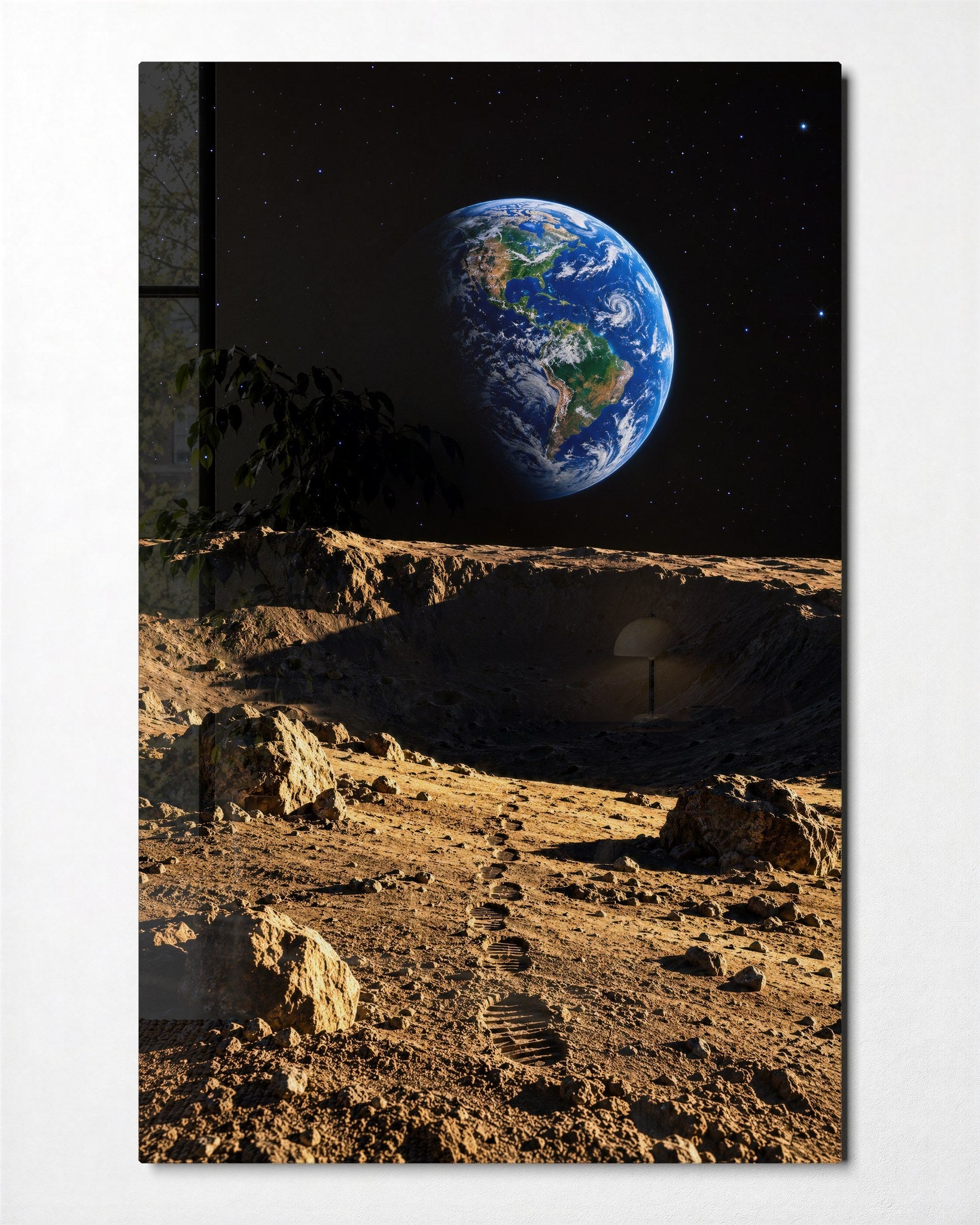 Glass wall art featuring moon dust footprints design by Artdesigna, showcasing a sleek, modern glass wall decor piece.