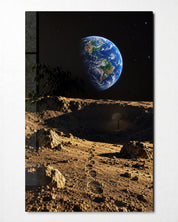 Glass wall art featuring moon dust footprints design by Artdesigna, showcasing a sleek, modern glass wall decor piece.