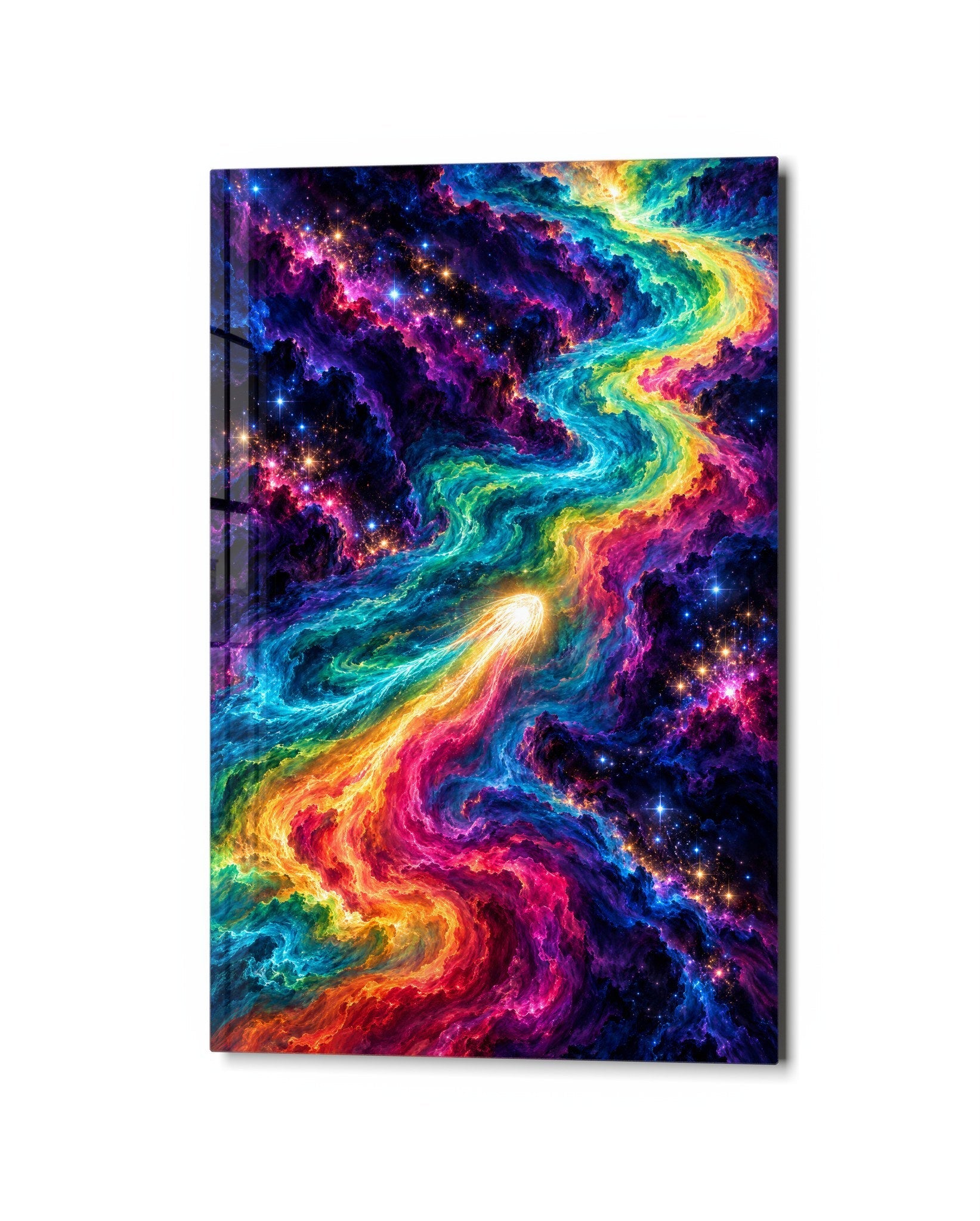Colors Racing the Cosmos glass wall art by Artdesigna featuring vibrant cosmic-inspired abstract design on clear glass.