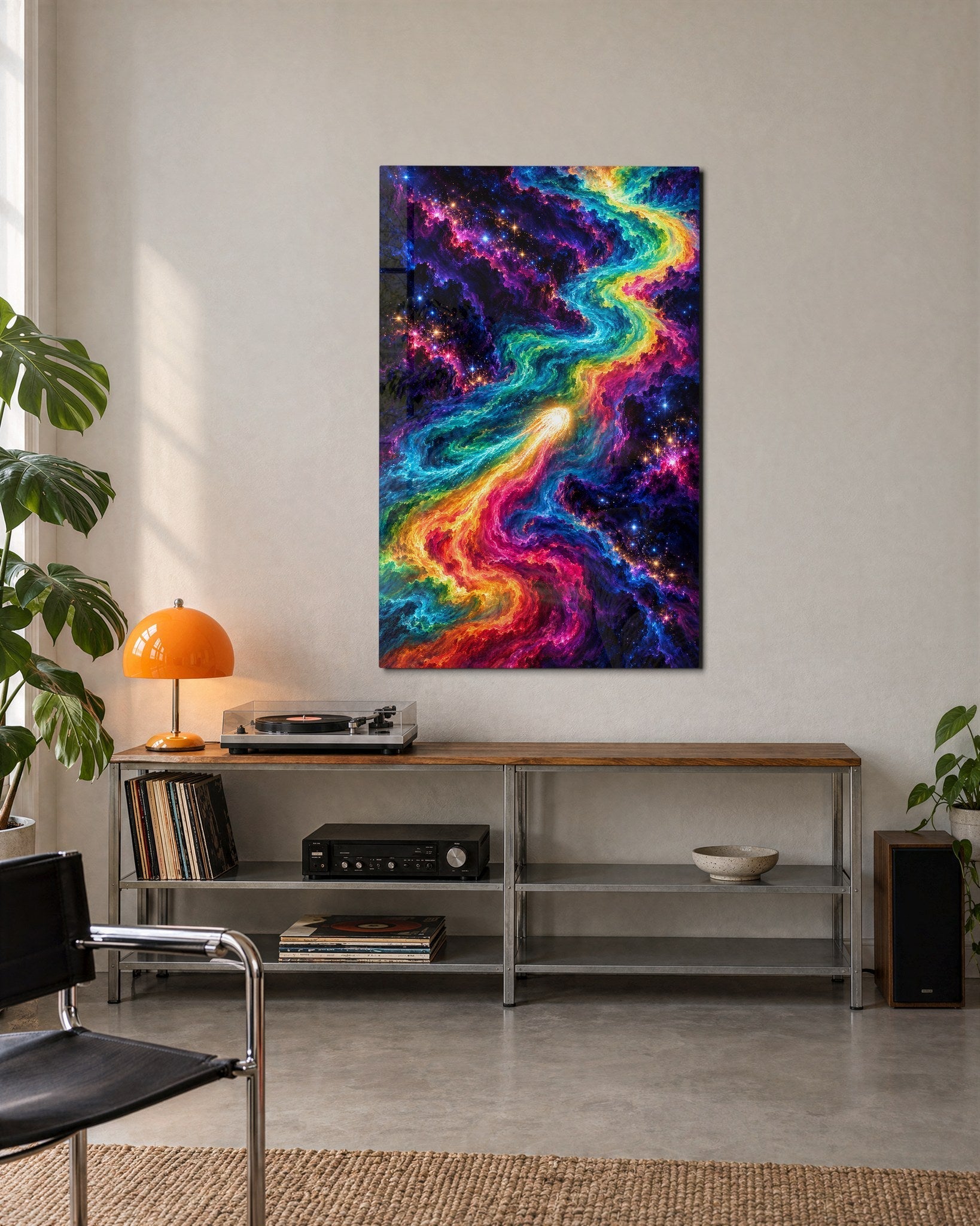 Colors Racing the Cosmos glass wall art by Artdesigna featuring vibrant, abstract cosmic design on a clear glass panel.