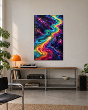 Colors Racing the Cosmos glass wall art by Artdesigna featuring vibrant, abstract cosmic design on a clear glass panel.