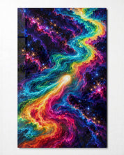 Colors Racing the Cosmos glass wall art by Artdesigna featuring vibrant cosmic-inspired abstract design on clear glass.