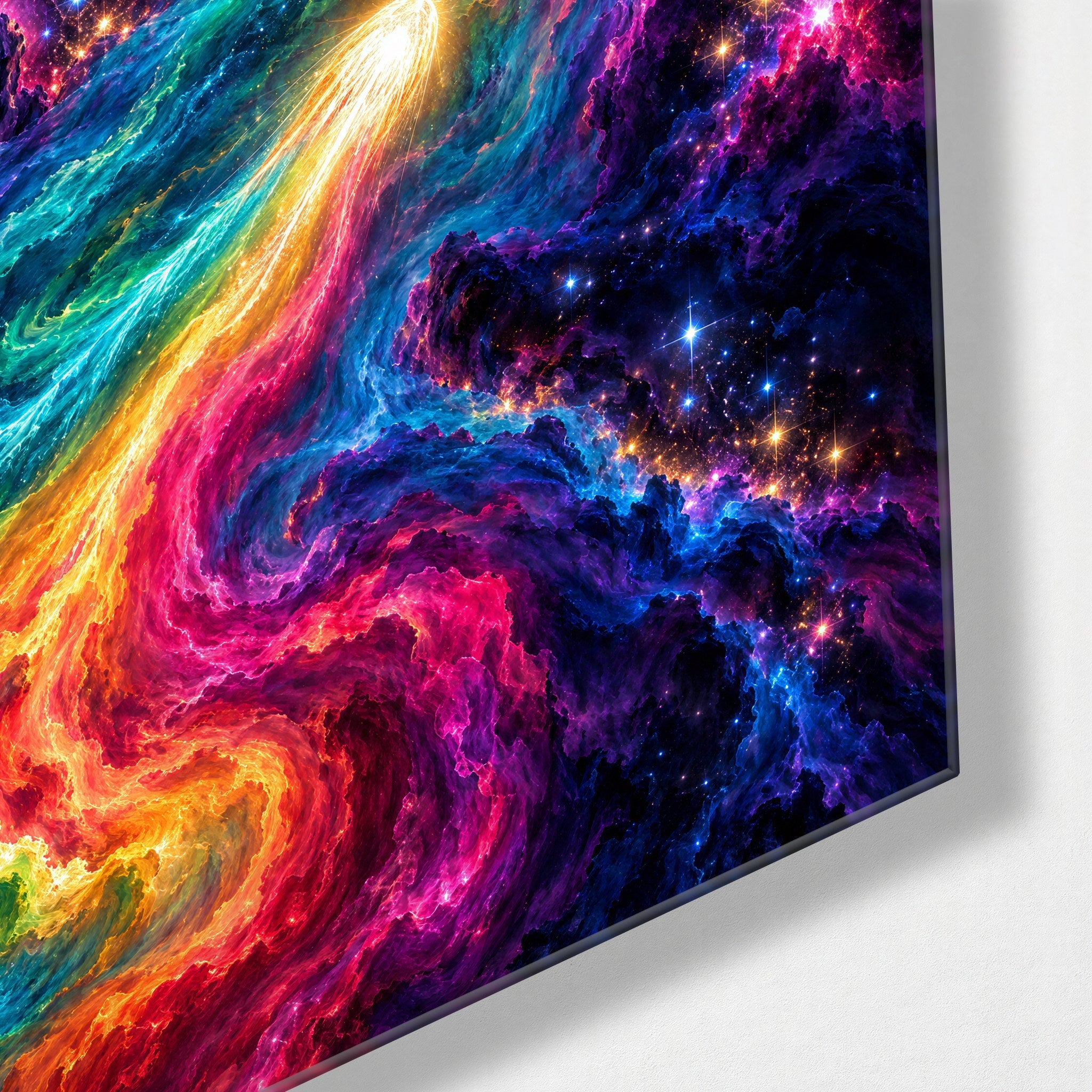 Colors Racing the Cosmos glass wall art by Artdesigna featuring vibrant cosmic-inspired abstract glass design in a modern wall decor piece.