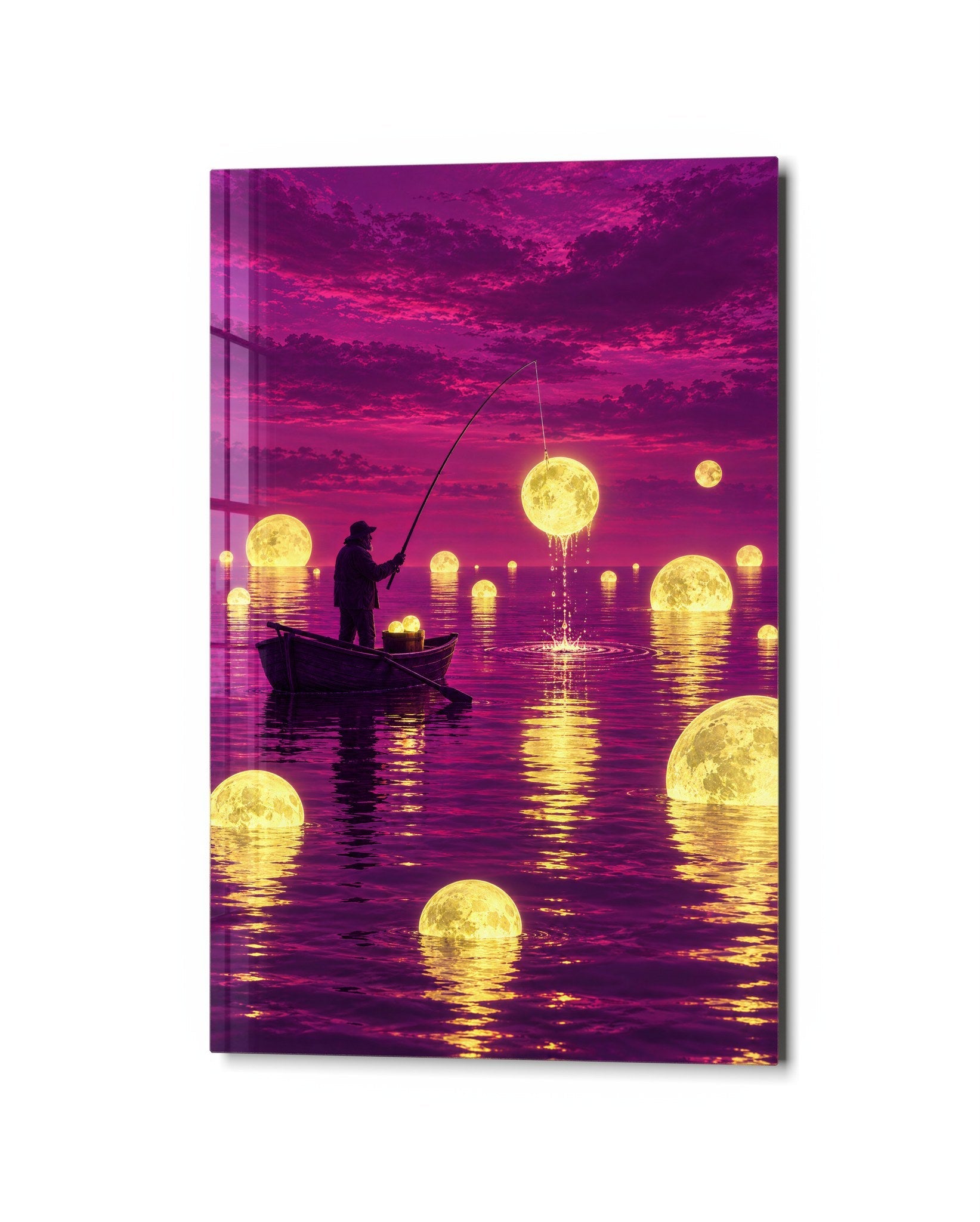 Night Angler glass wall art by Artdesigna featuring a detailed underwater scene with a fisherman silhouette on clear glass.