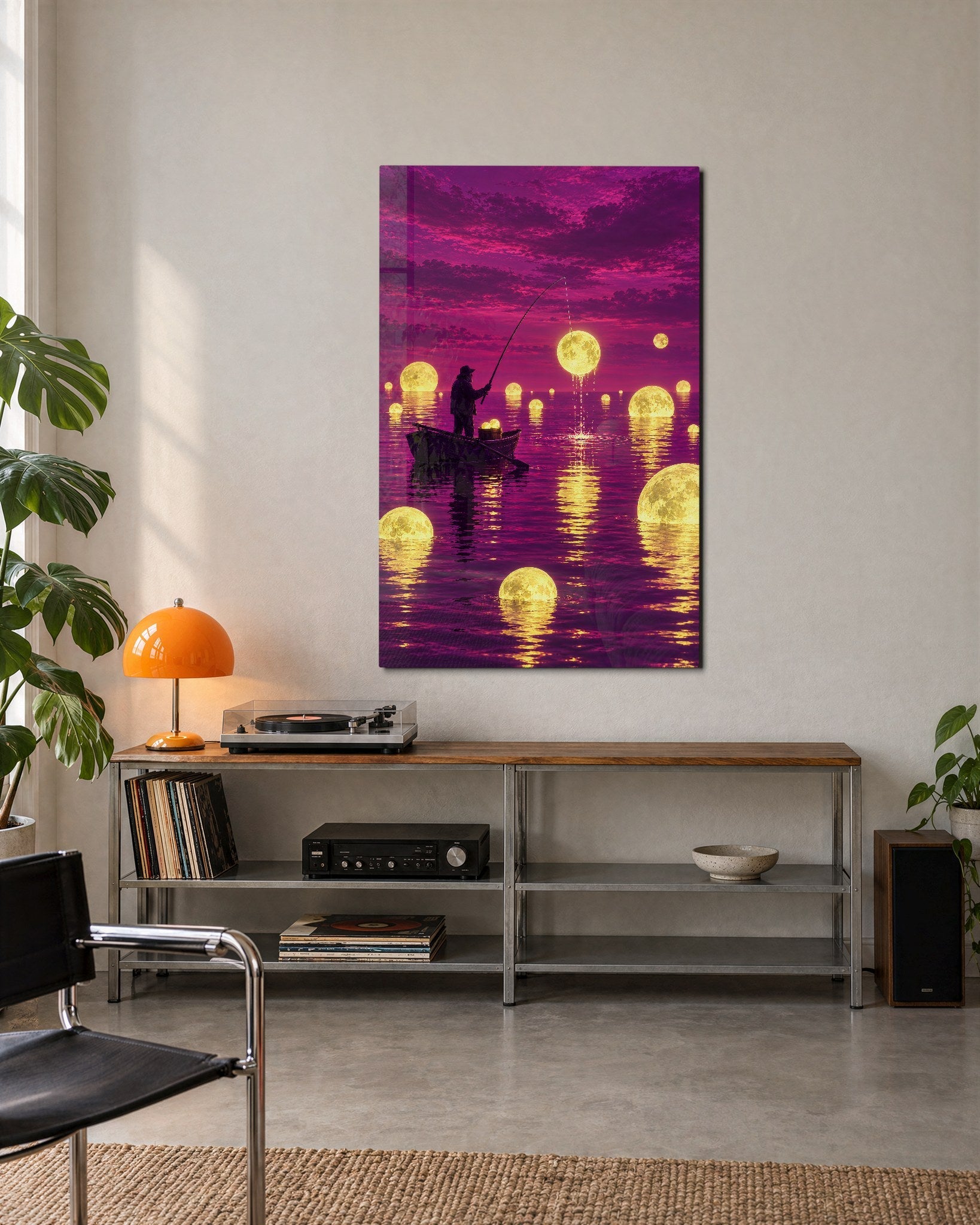 Night Angler glass wall art by Artdesigna featuring a vivid, artistic depiction of a fisherman at night with a serene background.