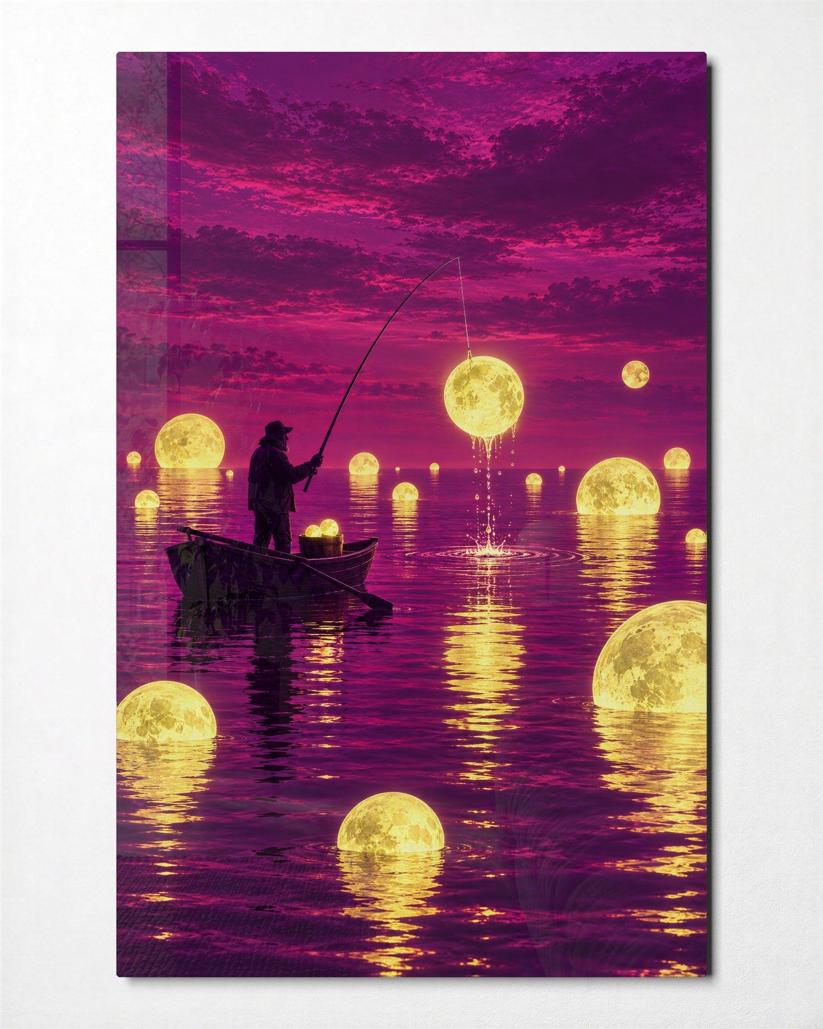Night Angler glass wall art by Artdesigna featuring a detailed aquatic scene on clear glass.