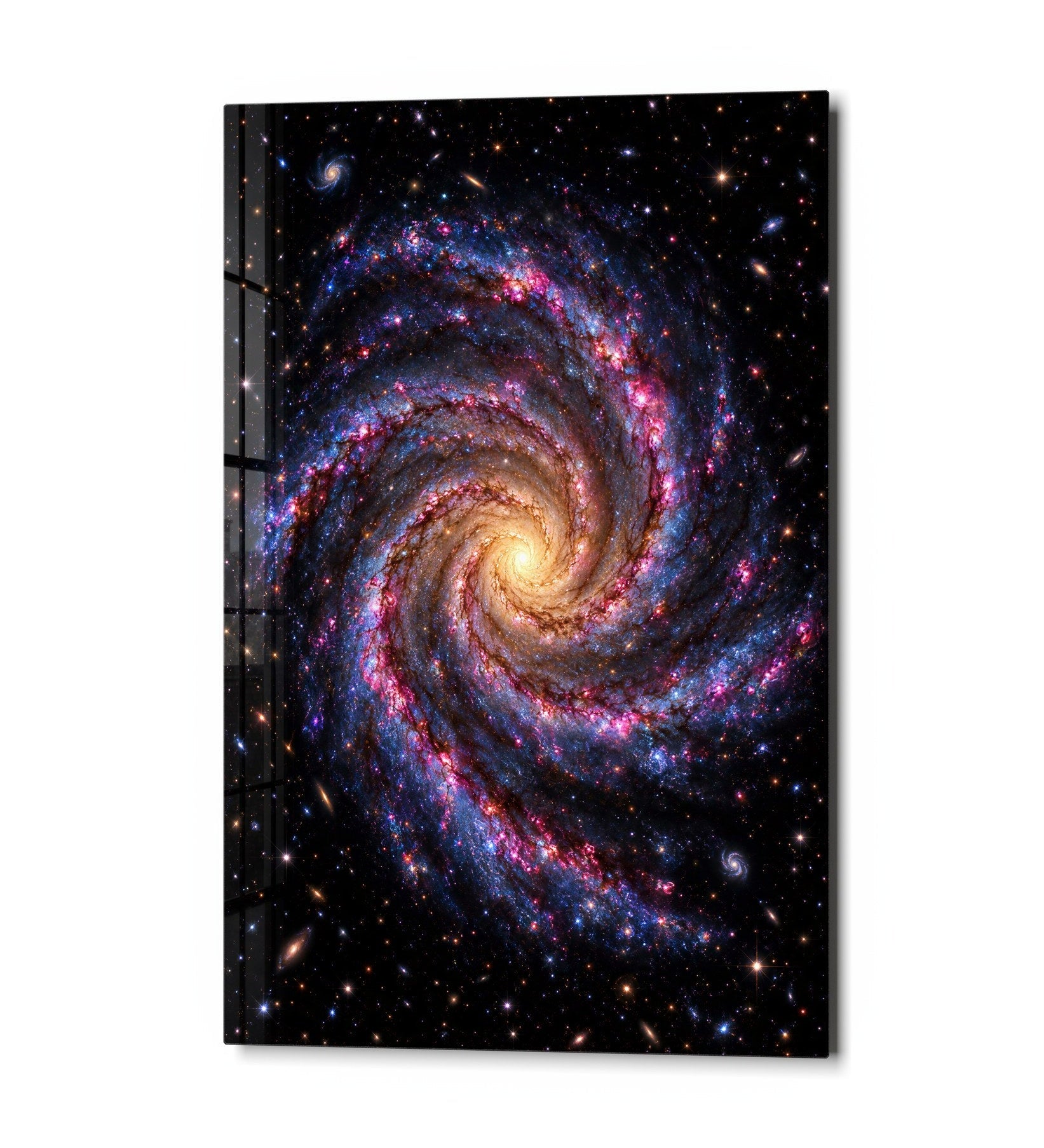 Glass wall art titled "A Galaxy Takes Its Time" by Artdesigna, featuring a cosmic galaxy design on clear glass.