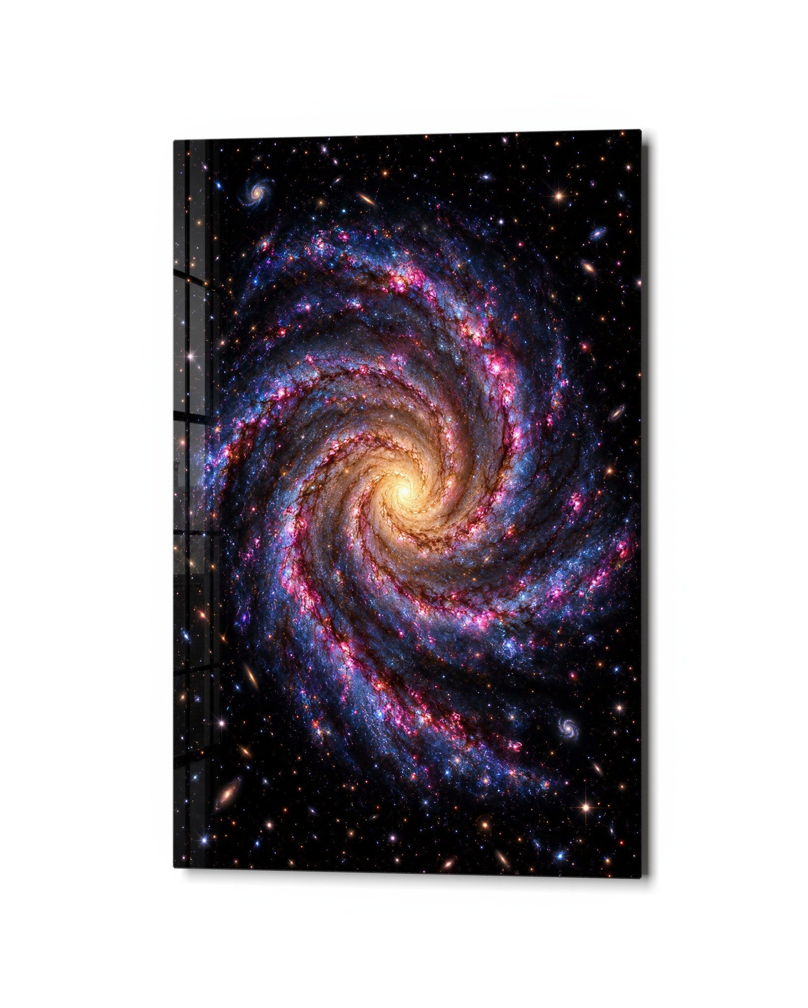 Glass wall art titled "A Galaxy Takes Its Time" by Artdesigna, featuring a cosmic galaxy design on clear glass.