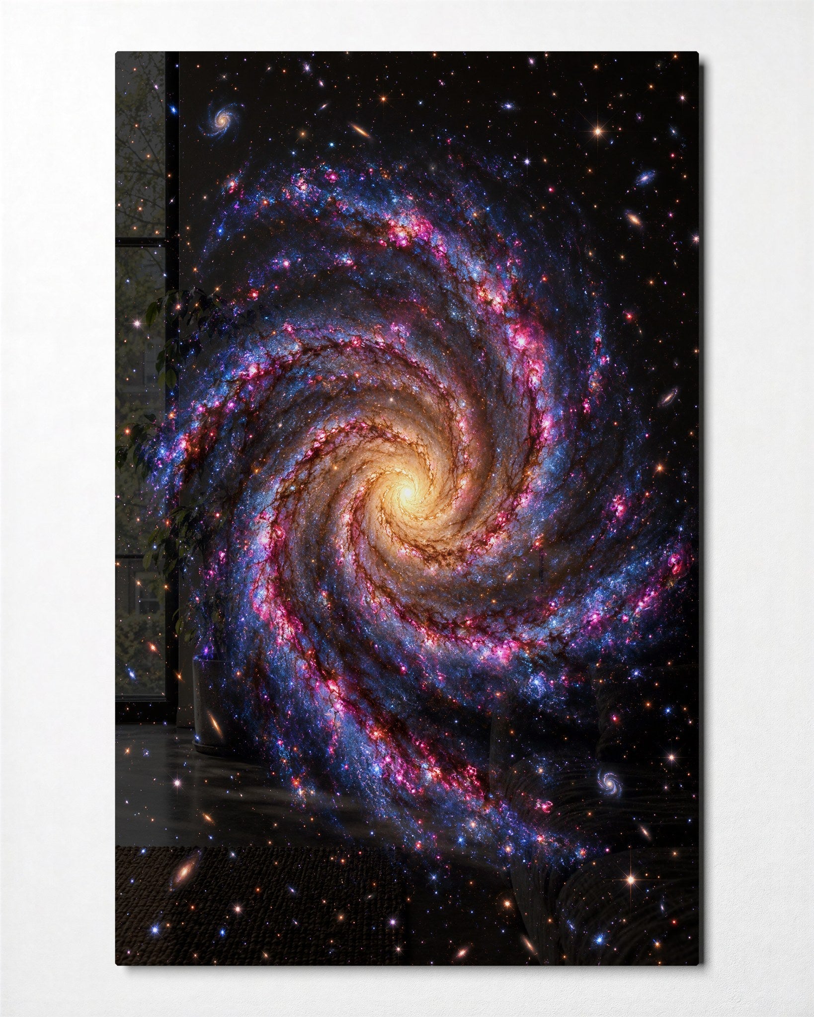 Glass wall art titled "A Galaxy Takes Its Time" by Artdesigna featuring a cosmic galaxy design on clear glass.