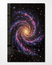 Glass wall art titled "A Galaxy Takes Its Time" by Artdesigna featuring a cosmic galaxy design on clear glass.