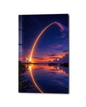 Glass wall art titled Lift-Off at Twilight by Artdesigna featuring vibrant, colorful abstract design on clear glass panel.