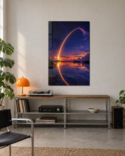 Artdesigna glass wall art titled "Lift-Off at Twilight" featuring a vibrant, colorful abstract design displayed on a modern wall.