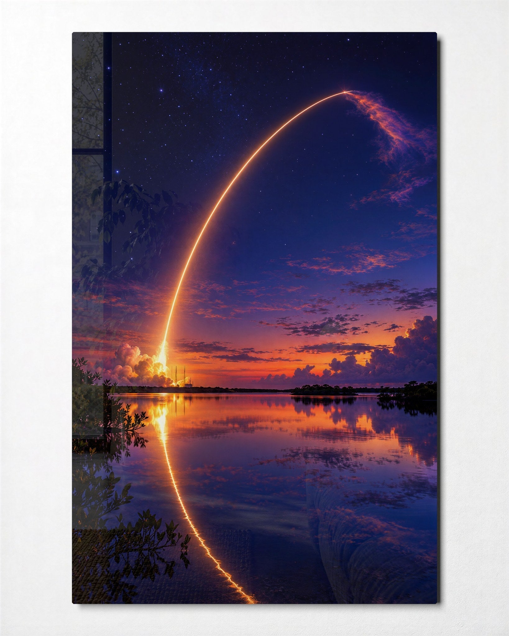 Artdesigna Lift-Off at Twilight glass wall art featuring a vibrant, abstract design with colorful celestial and twilight scene elements.