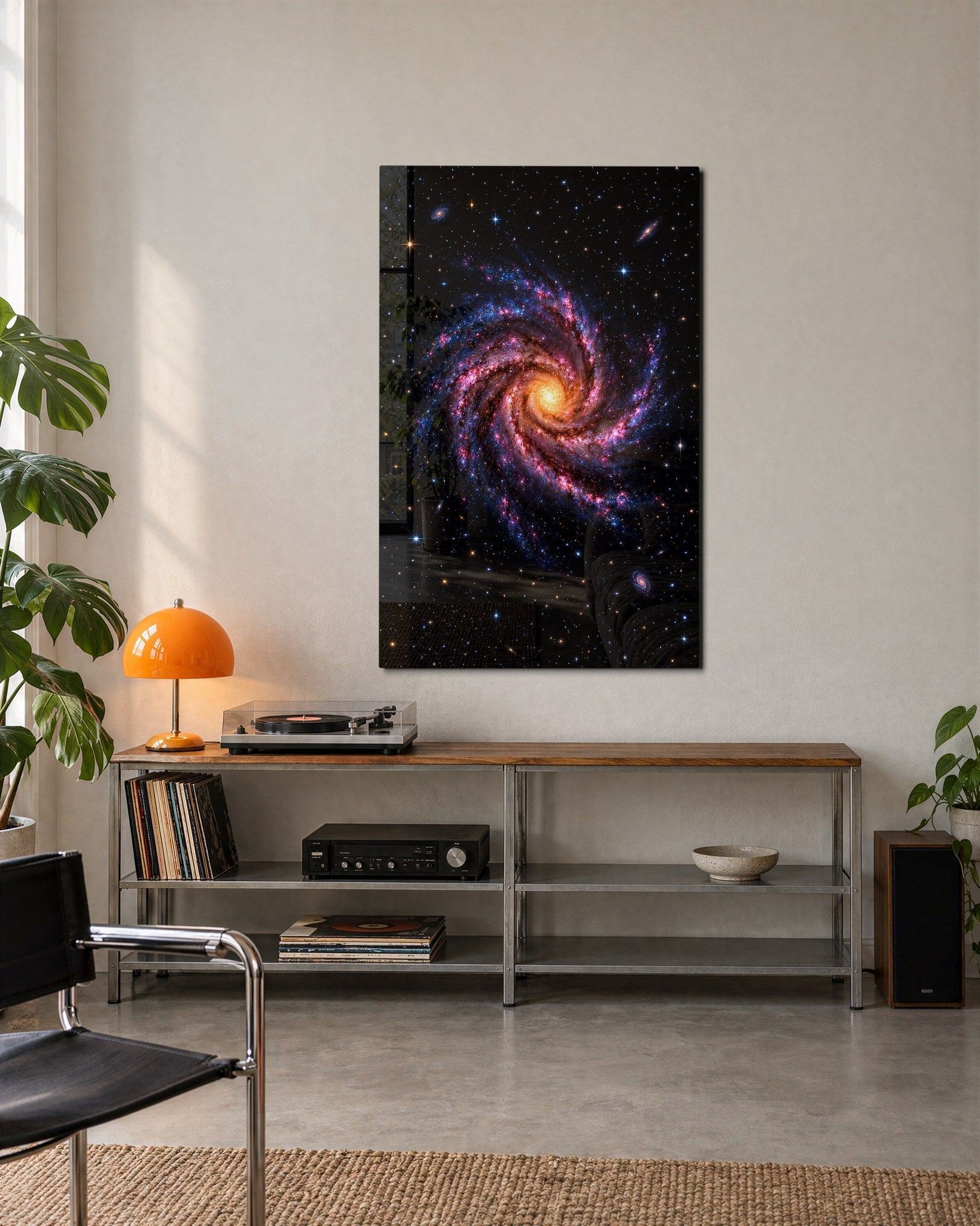 Pink glass wall art with spiral arm design by Artdesigna displayed on a modern wall setting.