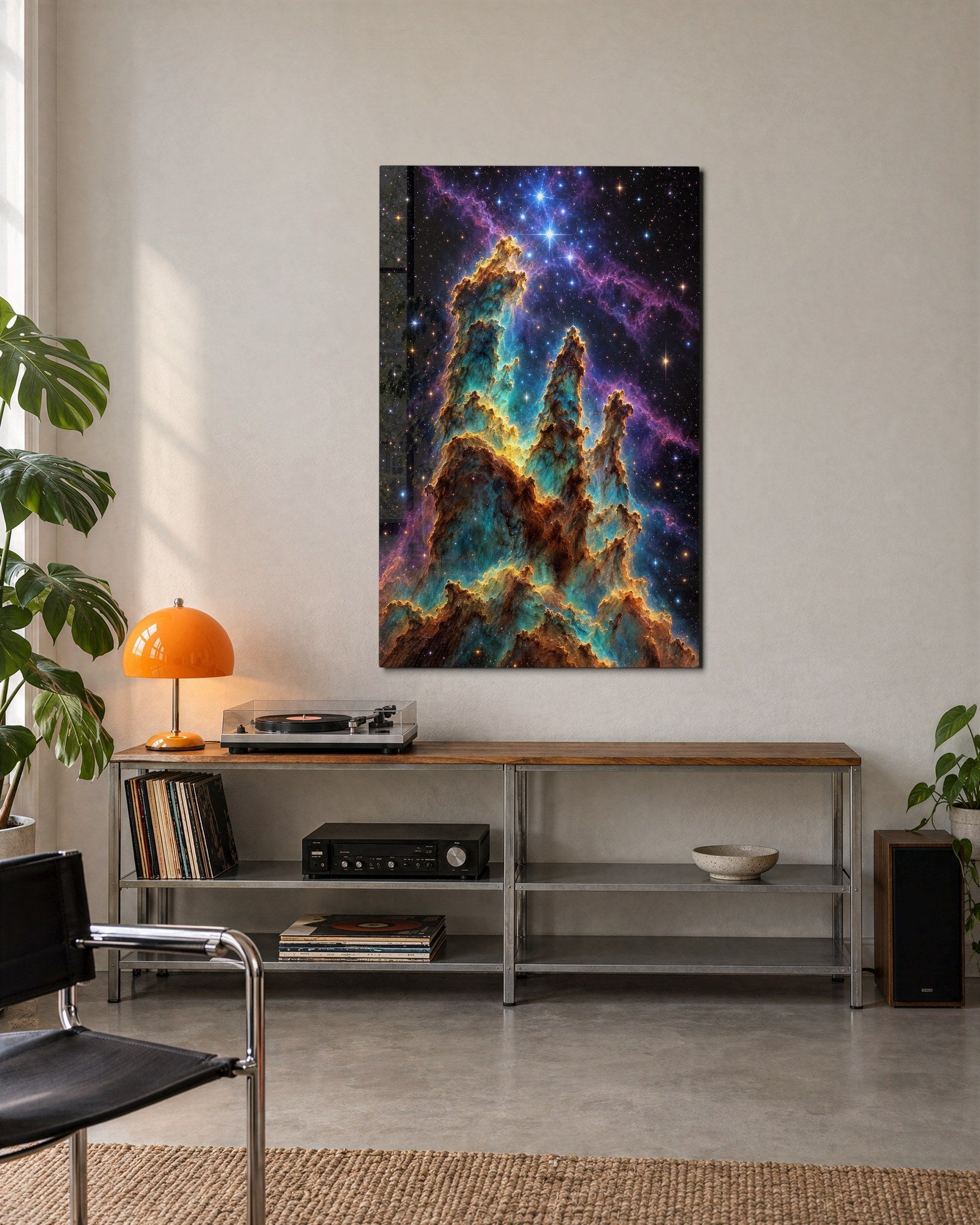 Blue glass wall art featuring star-shaped dust towers by Artdesigna, displayed on a modern interior wall.