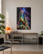 Blue glass wall art featuring star-shaped dust towers by Artdesigna, displayed on a modern interior wall.