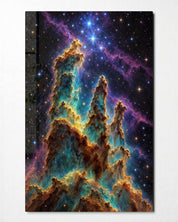 Blue star glass wall art by Artdesigna featuring dust towers design, modern decorative glass wall decor piece.