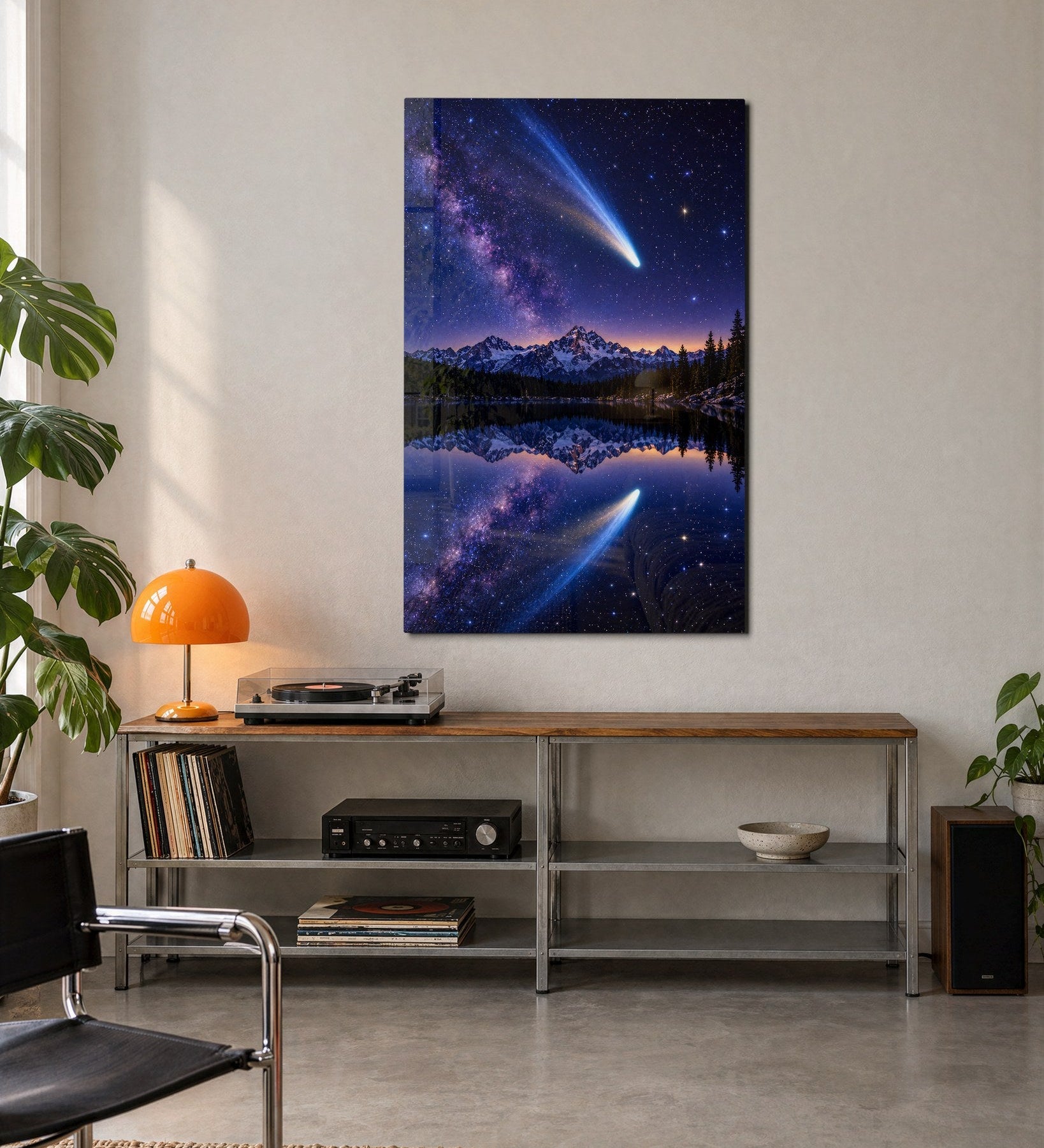 Blue Streak Over the Water glass wall art by Artdesigna, vibrant blue abstract design displayed on a wall.