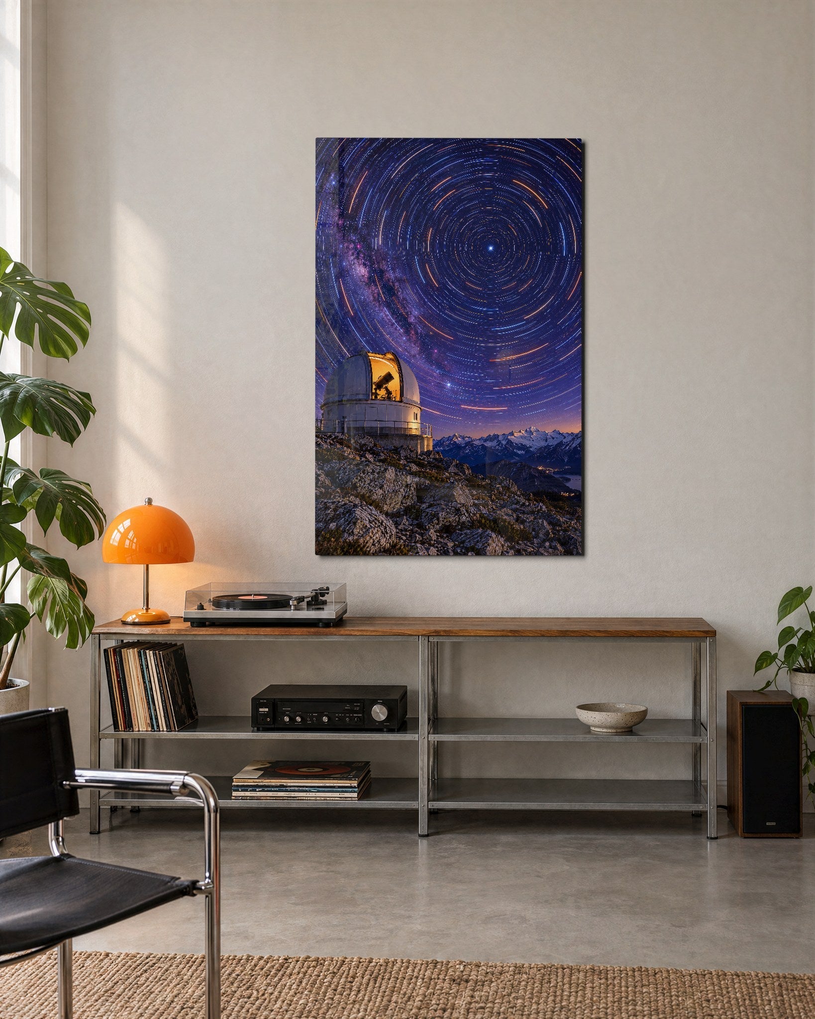 Glass wall art featuring domes and star circles by Artdesigna, displayed on a modern interior wall.