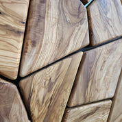 Handmade olive wood geometric wall sculpture, intricate wooden wall art with natural grain and modern design by Artdesigna.