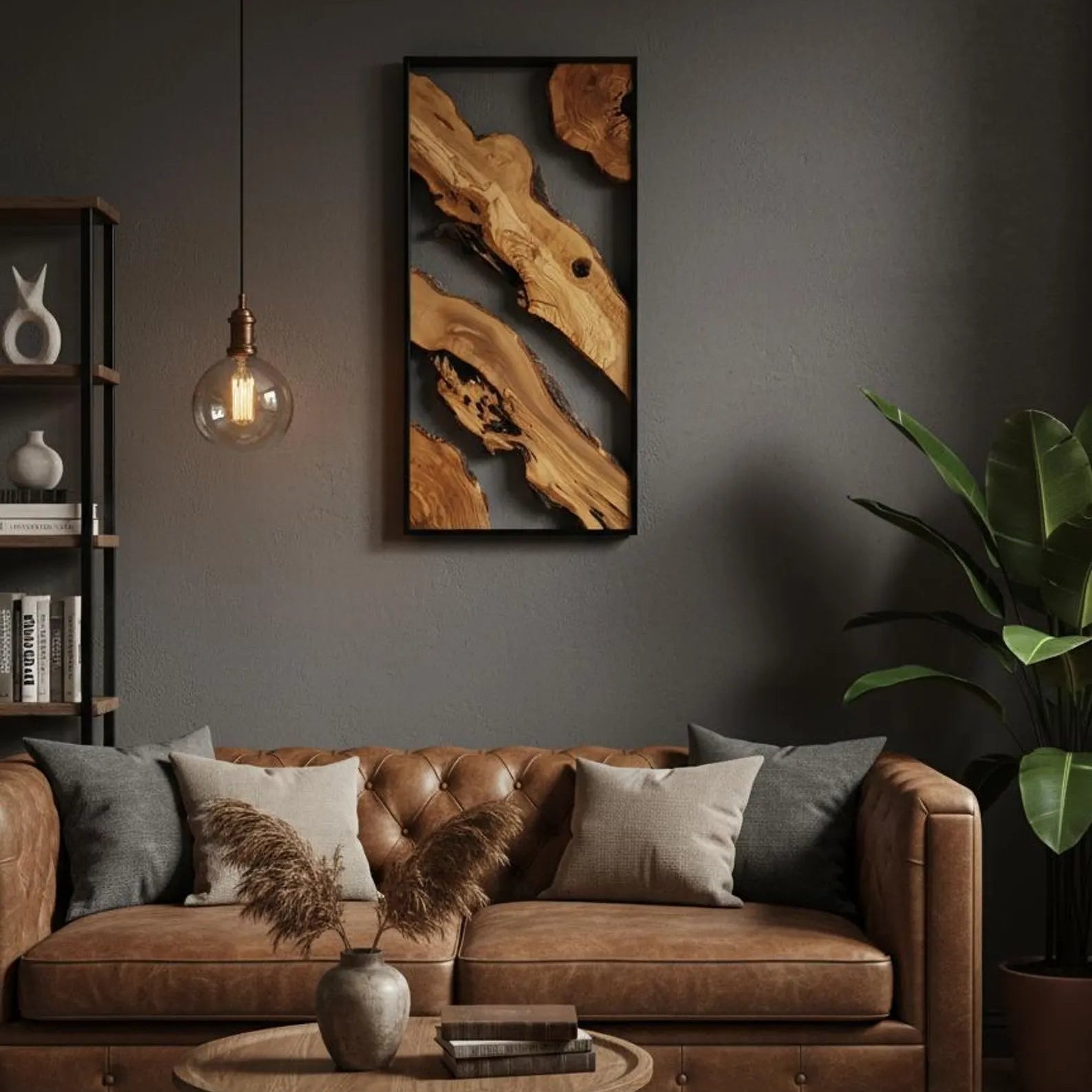 Handmade olive wood and metal wall art sculpture by Artdesigna, showcasing intricate wooden and metal design on a wall.
