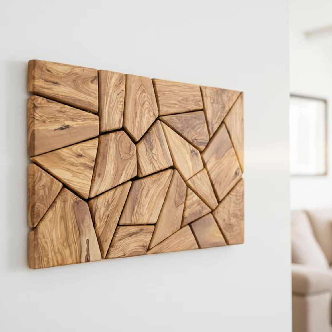 Handmade Olive Wood Geometric Wall Sculpture by Artdesigna, showcasing intricate wooden wall art with natural grain and geometric design.
