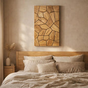 Handmade olive wood geometric wall sculpture showcasing intricate wooden art design, perfect for modern interior decor.