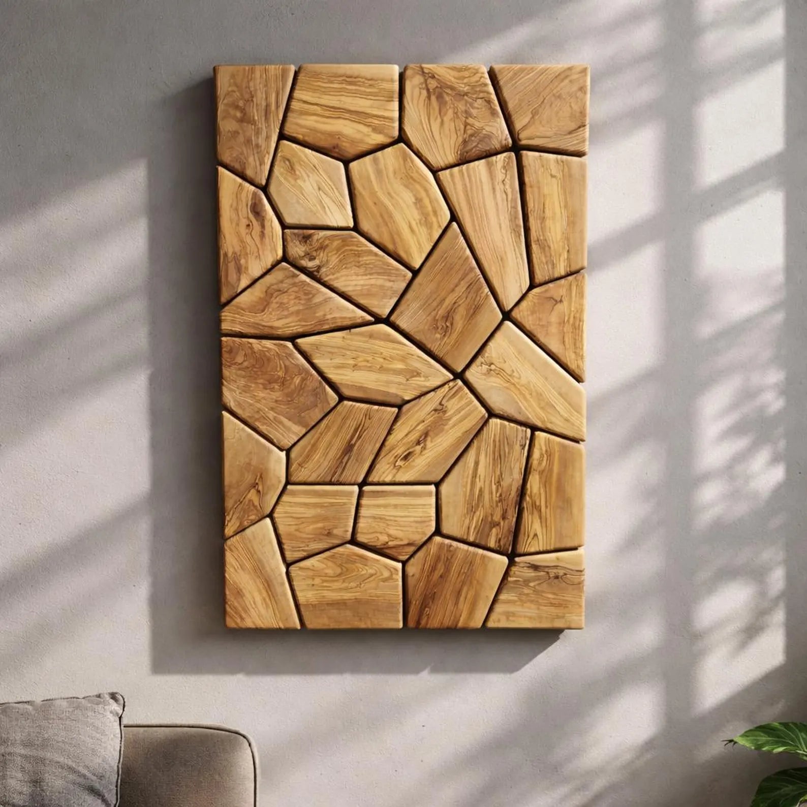 Handmade olive wood geometric wall sculpture, natural wooden wall art by Artdesigna with intricate geometric design.