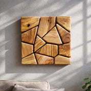 Handmade olive wood geometric square wall sculpture, natural wooden art piece for modern interior decor.