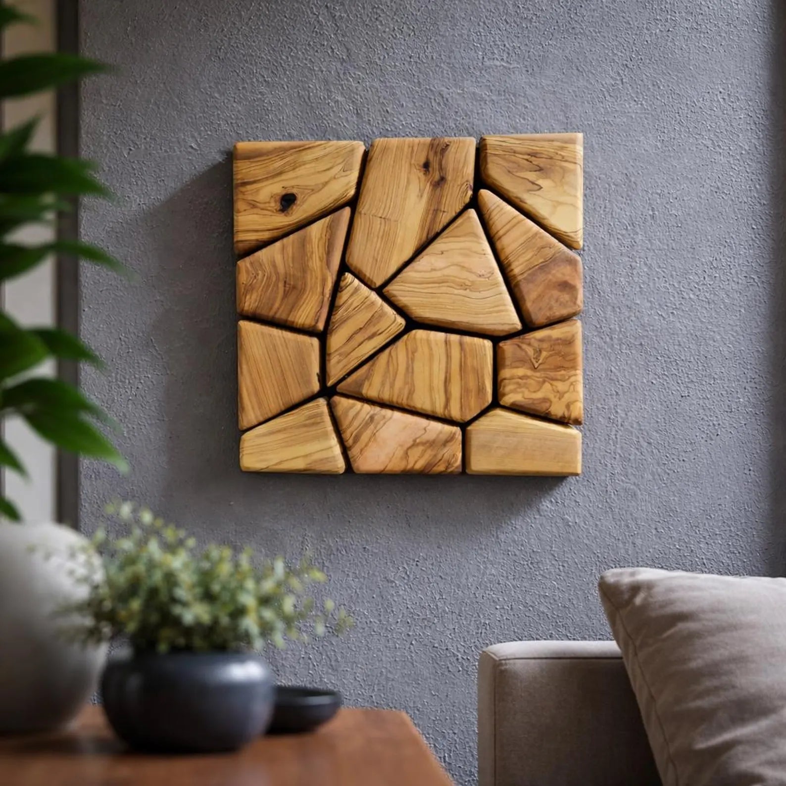 Handmade olive wood geometric square wall sculpture by Artdesigna, showcasing natural wood grain and modern geometric design.