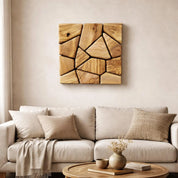Handmade olive wood geometric square wall sculpture by Artdesigna, featuring natural wood grain and modern geometric design.