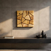 Handmade olive wood geometric square wall sculpture by Artdesigna, featuring natural wood grain and modern wooden wall art design.