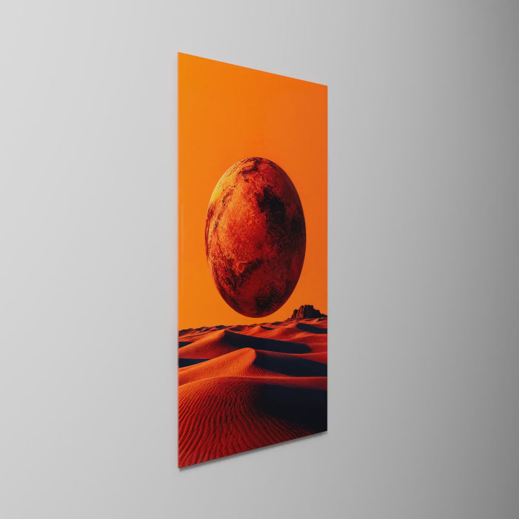 Rust Moon Above Sand glass wall art by Artdesigna, light moving across the glass
